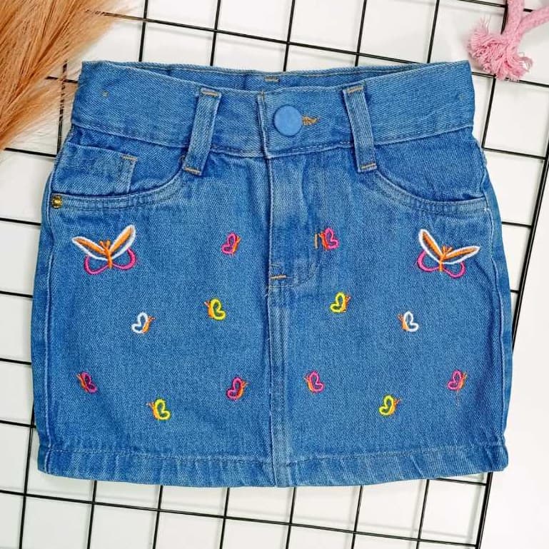 Saia Jeans Menina Bordada Borboleta
