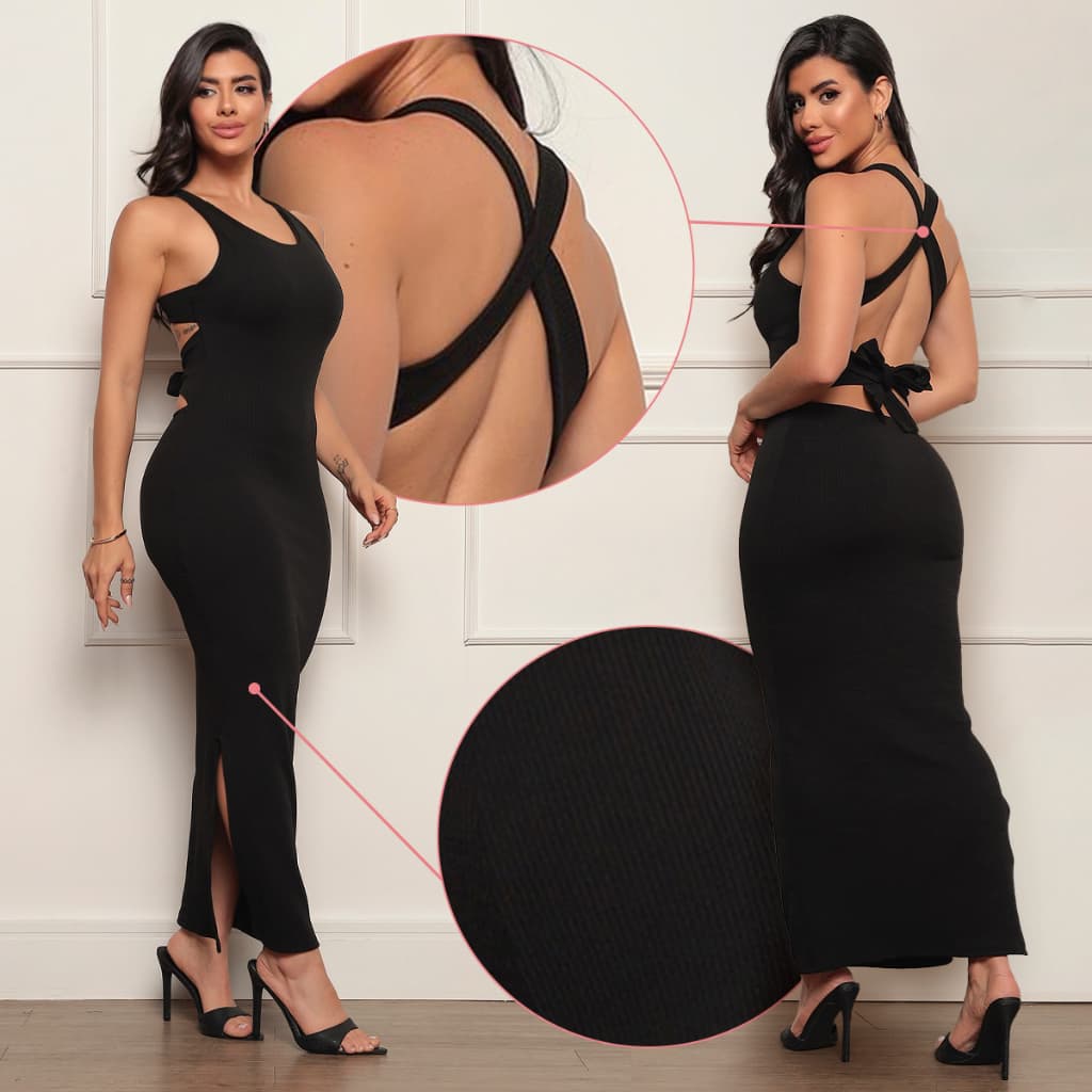 Vestido Feminino Elegante Casual Longo Com Bojo e Fenda Lateral Costa Nua E Amarração  Premium