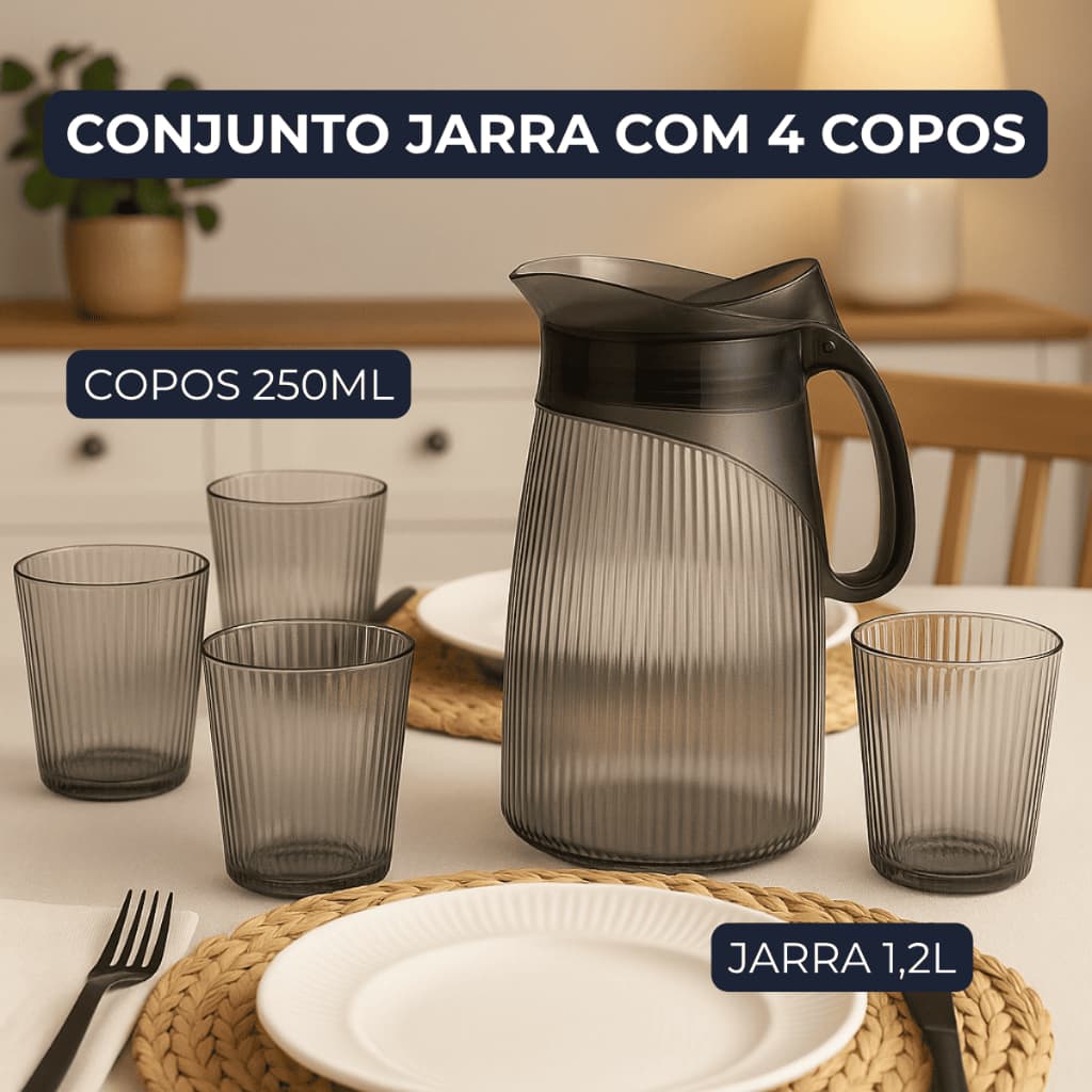 Conjunto Jarra de Vidro 1,2L com 4 Copos 250ml Cinza Moderno e Resistente
