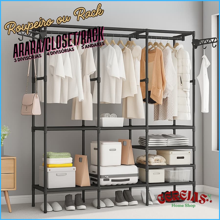 Arara Armário Com Sapateira Cabideiro e Prateleiras Preto / Branco Guarda Roupa Portátil Arara Multifuncional Grande