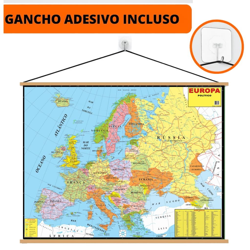 Mapa Europa Banner Laminado Gigante 120x90cm + Gancho Autocolante Pronto Para Pendurar
