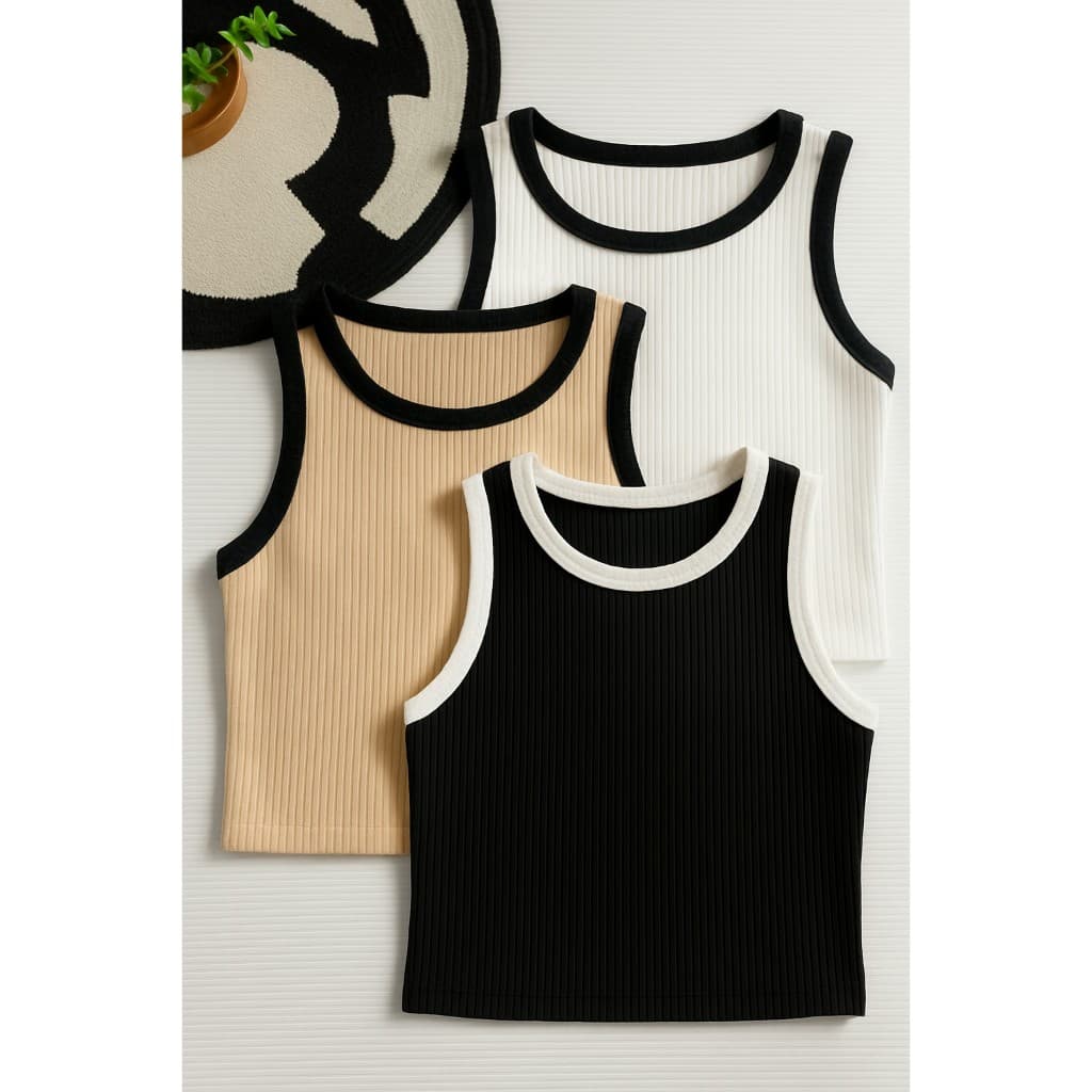 Kit 3 Croppeds Duo Color Canelados Femininos, Regata Estilo Moda Gringa – Tecido Ribana, Cores Variadas P a GG
