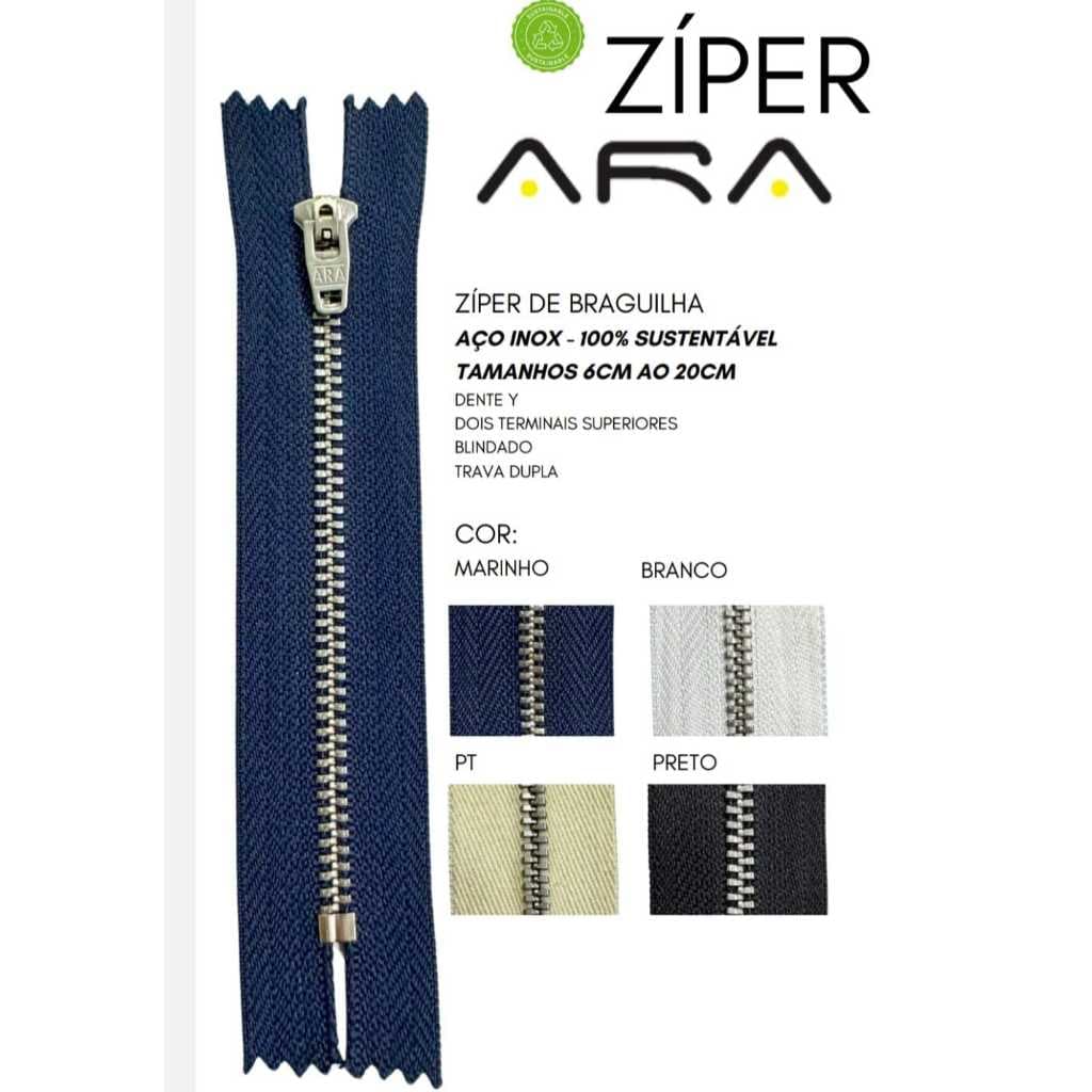 Zíper ARA de Metal Níquel para Jeans - 6 ao 20 cm - Azul, Branco e Preto