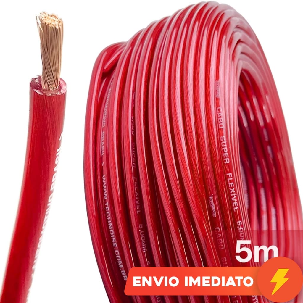 Cabo Bateria Som Automotivo 5 Metros Fio 21mm 9mm 6mm Vermelho Technoise Puro Modulo Força Som Automotivo