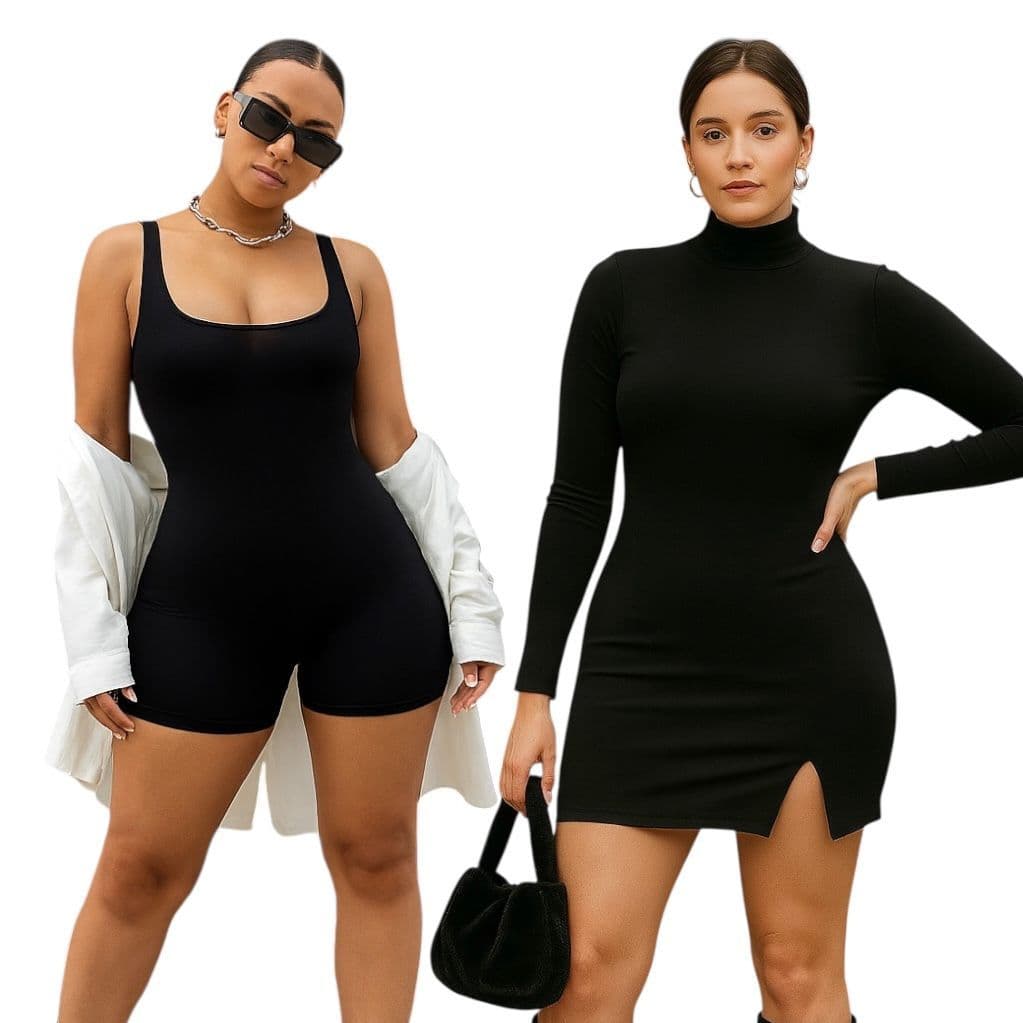Kit Vestido Curto Zero Transparência Gola Alta Manga Longa e Macaquinho Academia Casual Cinta Plus
