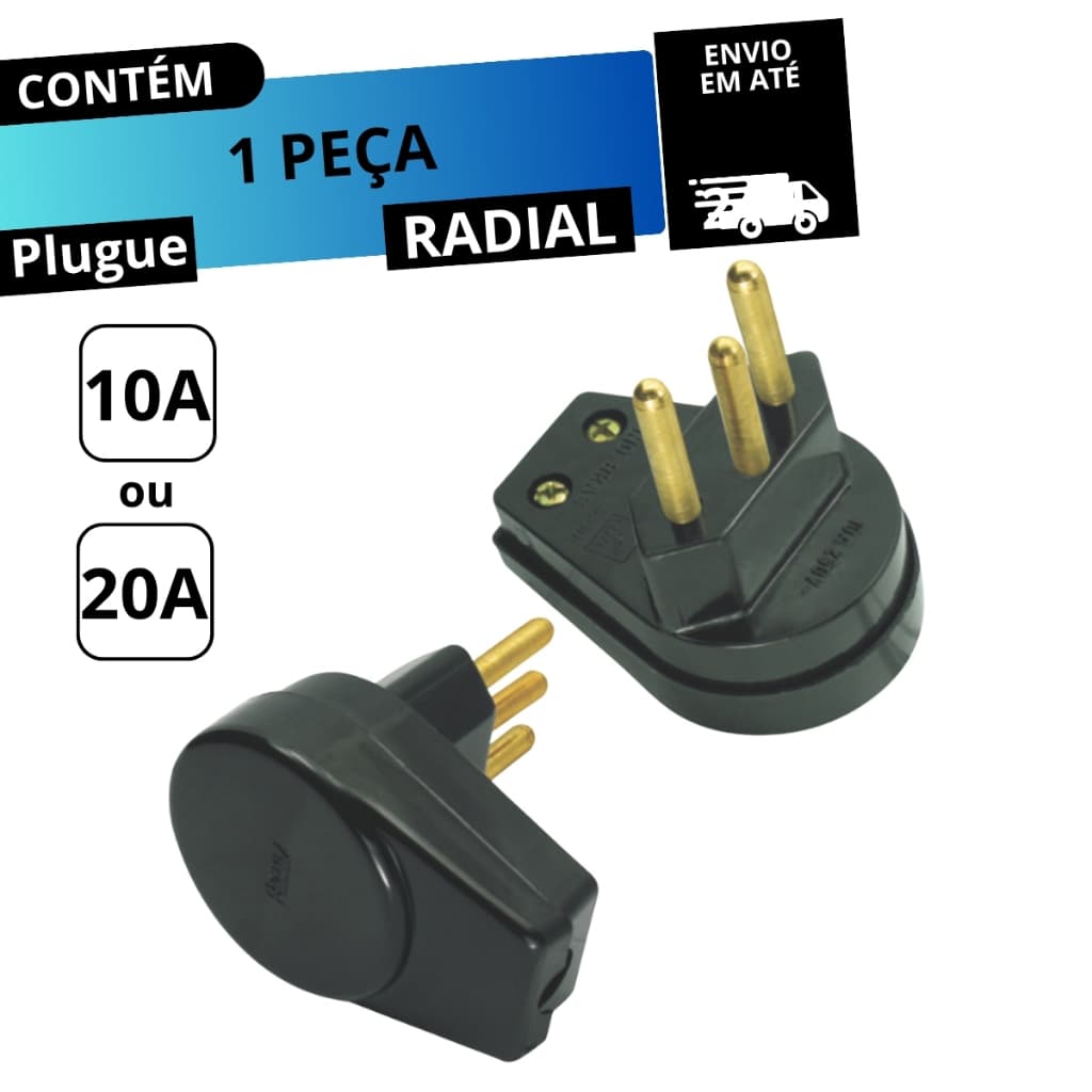Plugue Prensa Cabo Preto 10a 3 Pinos Maciços Radial