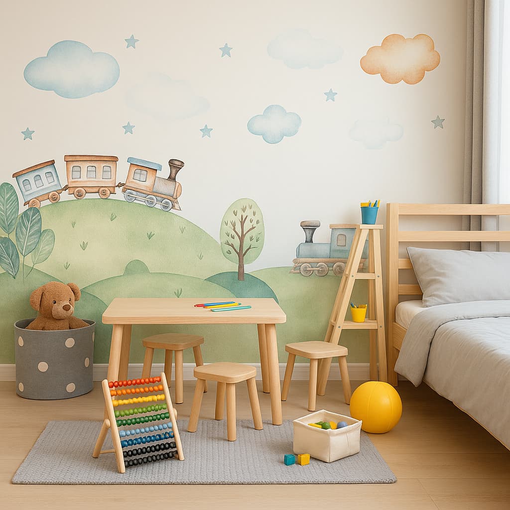 Papel de Parede Personalizado Ferrovia Baby Decoração Quarto do Bebê Quarto Menino e Menina