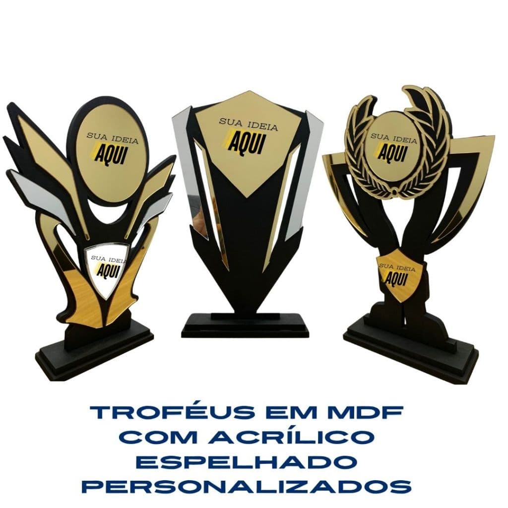 Troféu Personalizado 20cm em MDF com Acrílico Futebol Campeão Ouro LUXO