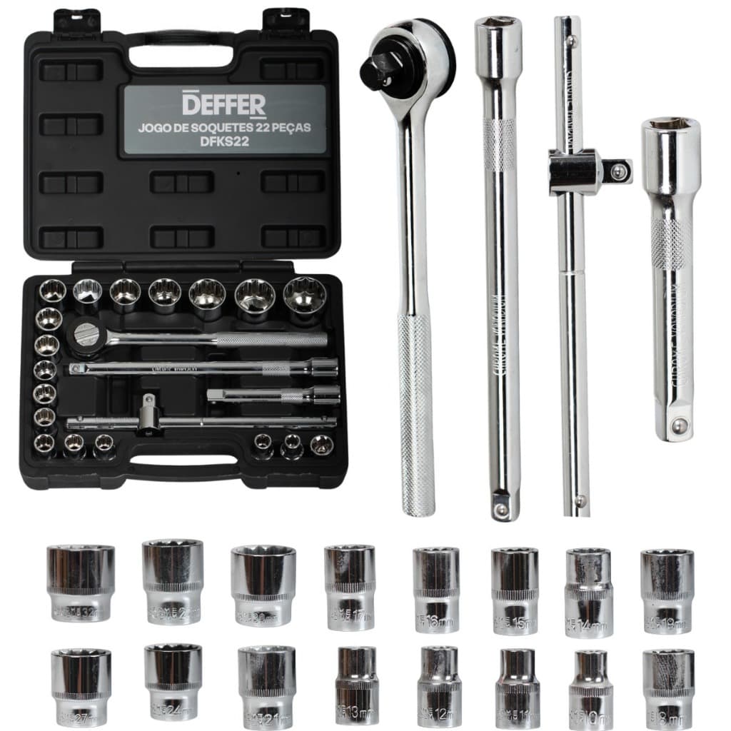 Kit de Chave Catraca Profissional  Com 22 Soquetes Reversível 1/2 Polegada - DEFFER