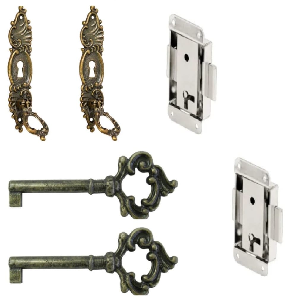 Kit Com 2 fechadura + Chave Antiga + Puxador  Embutir Armário Guarda Roupa