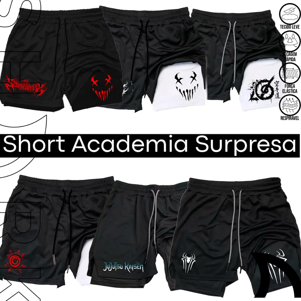 Short Bermuda 2 Em 1 Compressao Treino Academia Estampa Surpresa Aleatória Esportiva Luta Maromba