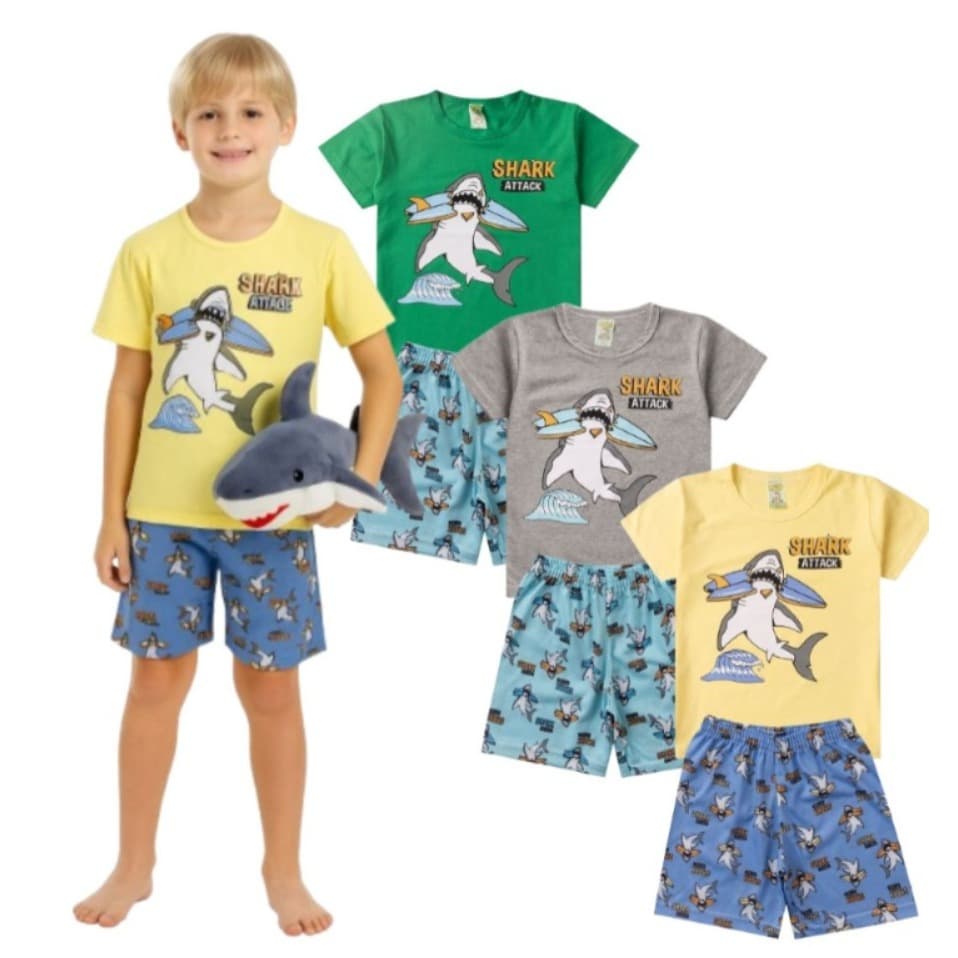 Pijama Infantil Masculino Verão Shark Attack - Hey Kids - Mescla