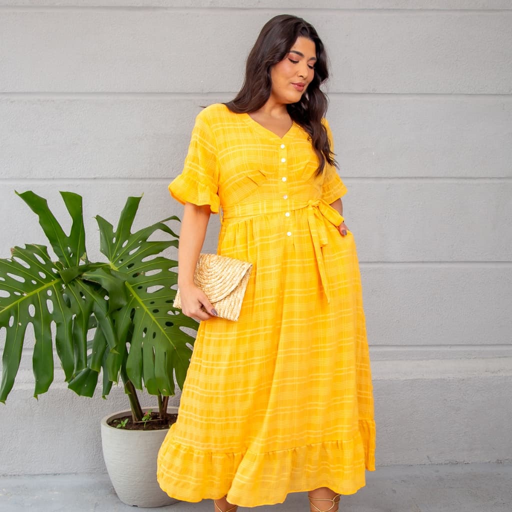 Vestido Feminino Plus Size Midi Manga Curta em Algodão Texturizado Com Forro Elegante Festa Elegante