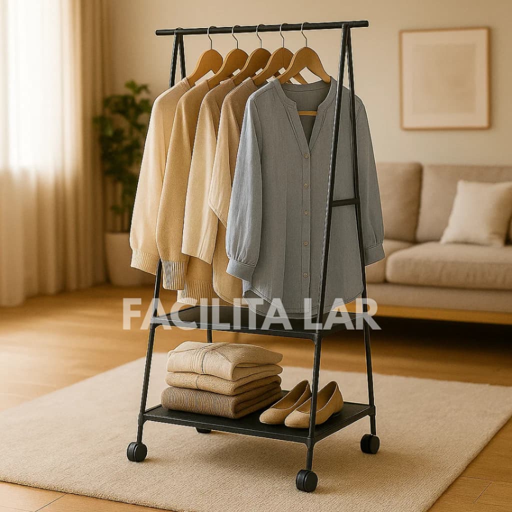 Arara Cabideiro de Roupas Prateleiras com rodinhas – Organizador Moderno para Quarto, Closet e Lavanderia