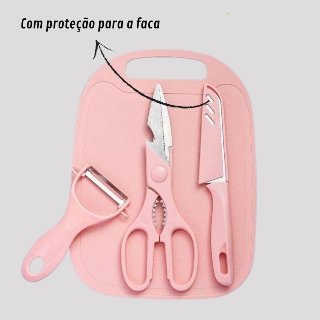 Kit Utensilio Utensilho Cozinha Tesoura Faca Tabua Moderna Rosa