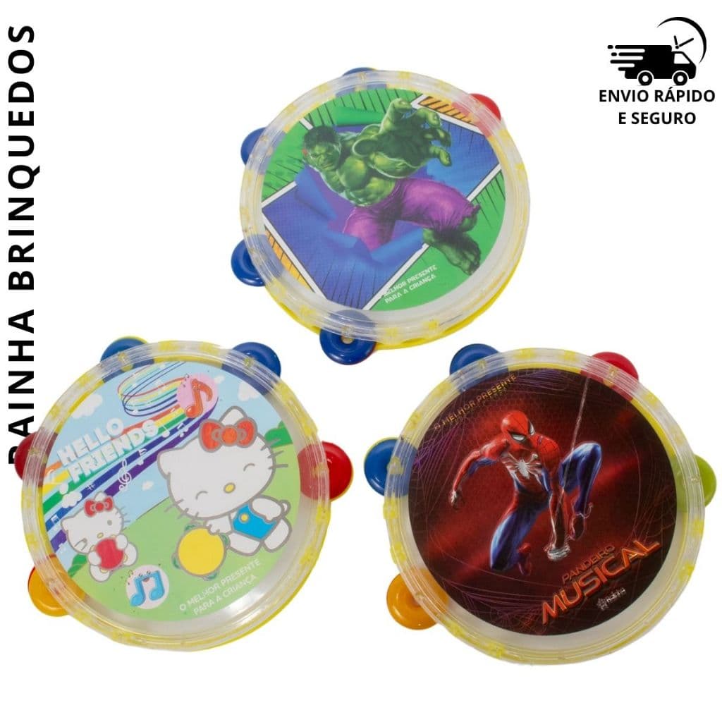 Pandeiro Infantil Brinquedo Instrumento Musical Educativo Ativação Sensorial Personagens Criança