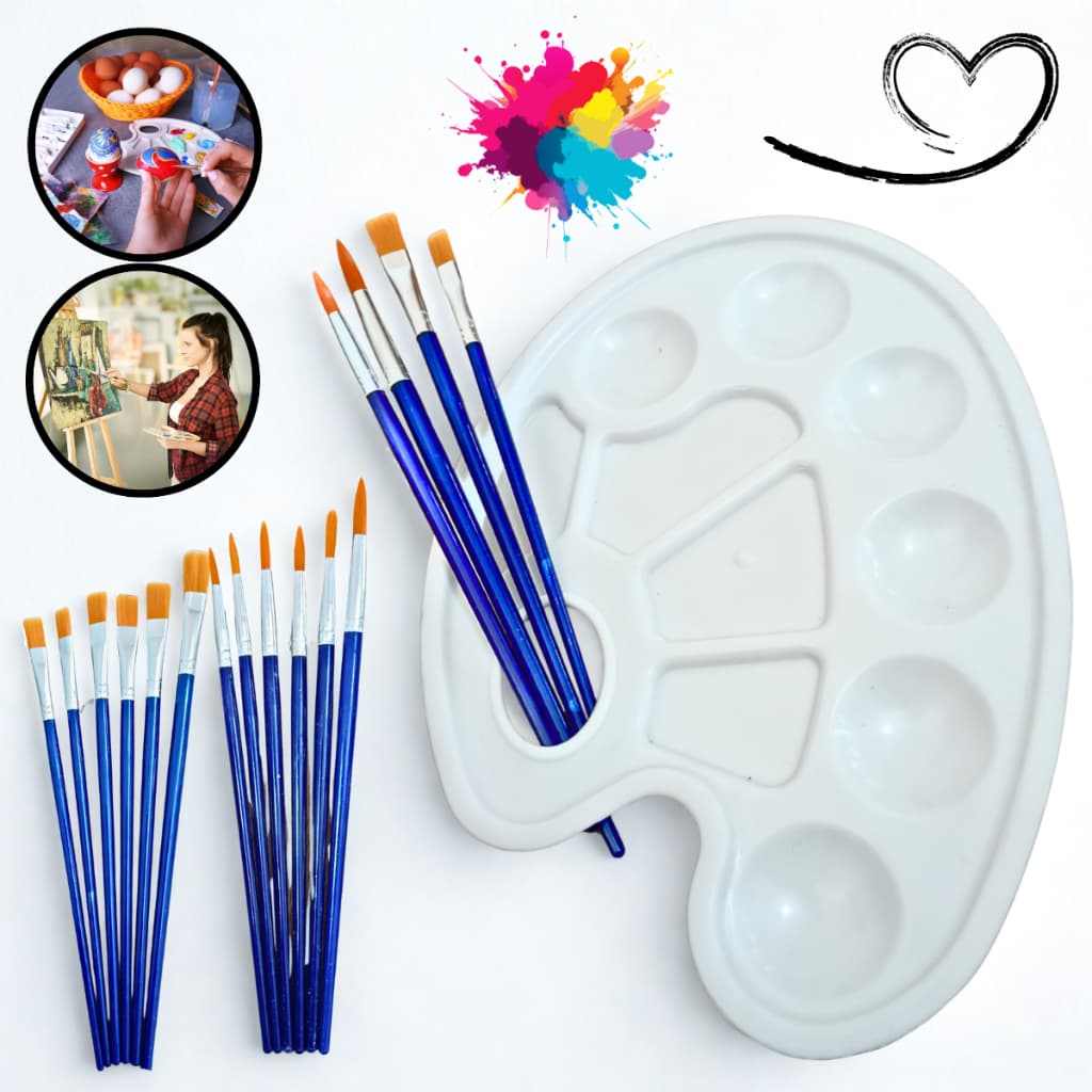 Kit 12 Pincéis Pintura Artística Artesanato Ponta Fina Redonda Chato + Paleta Tinta Acrílica Óleo Aquarela