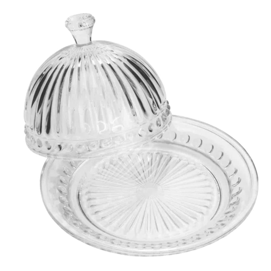 01 Queijeira De Vidro Ondulado Prato De 20CM Cupola de 12 De Altura Redonda