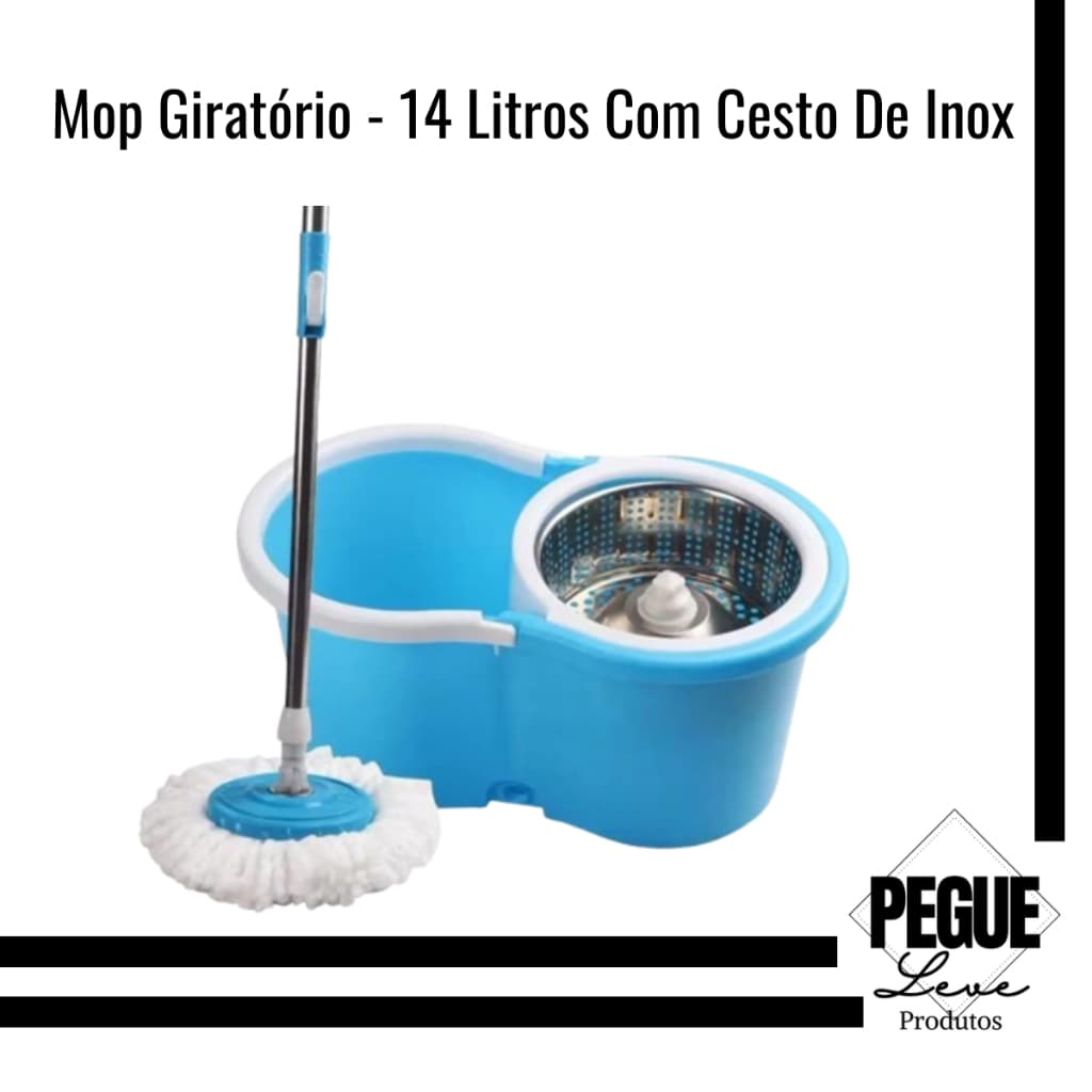 Mop Giratório Inox 360°Cabo Aço Inox Cesto Aço Inox Com Balde 14/10 Litros