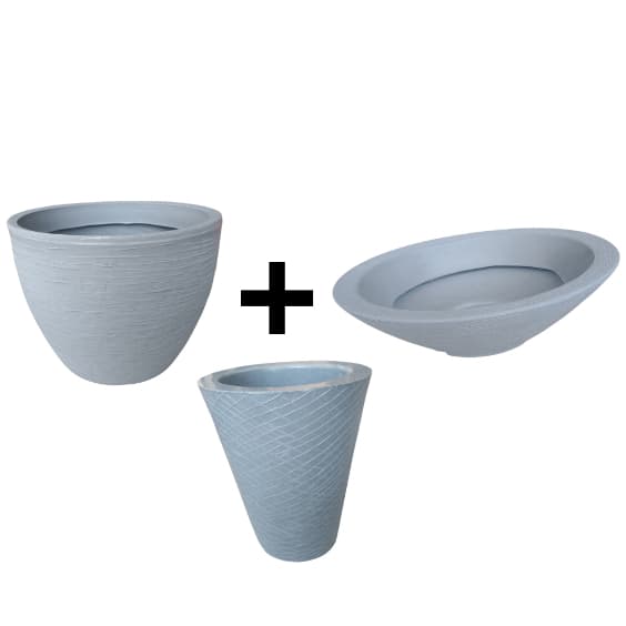 Kit 3 Vaso De Planta Grande Rústico 30L + Vaso De Planta Cônico Rústico + Vaso De Planta Cônico Mini Listras 9L Cinza