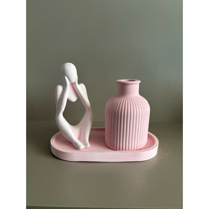 Kit 3 peças estátua minimalista luxo + vaso jarro + bandeja rosa claro