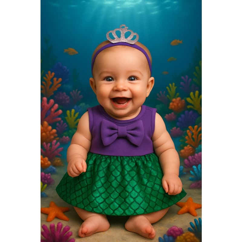 BODY LUXO FANTASIA TEMATICA  INFANTIL BEBÊ PEQUENA SEREIA COM COROA MENINAS MESVERÁRIOS FESTAS