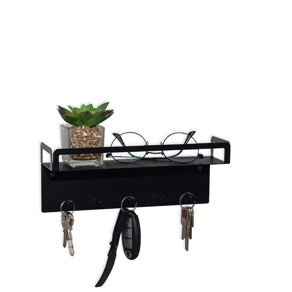 Porta Chaves Prateleira 26 cm Preto Rugoso 5 Ganchos