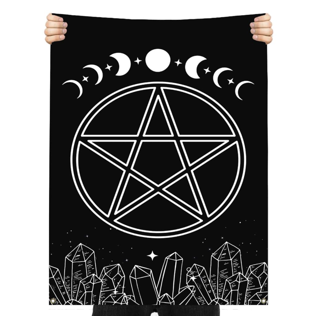 Bandeira Tapeçaria Wicca Preto Pentagrama Cristais Decoração Tecido 110x65cm
