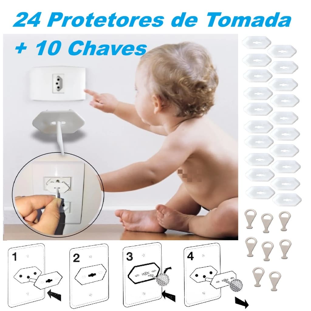 Kit 24 Protetor de Tomada Antichoque Branco com 10 Chaves Segurança Bebê