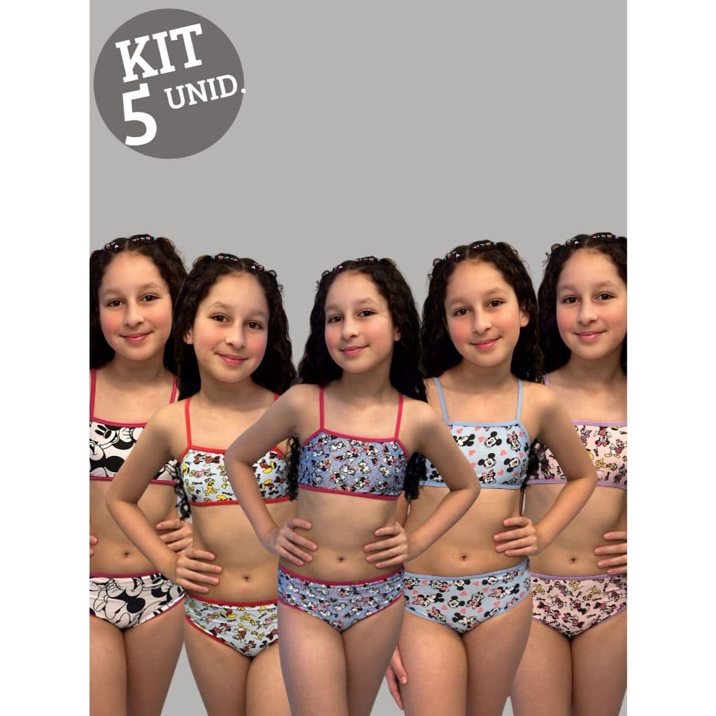 Kit 05 Conjuntos Calcinha e Top Infantil Menina Moça Estampado.