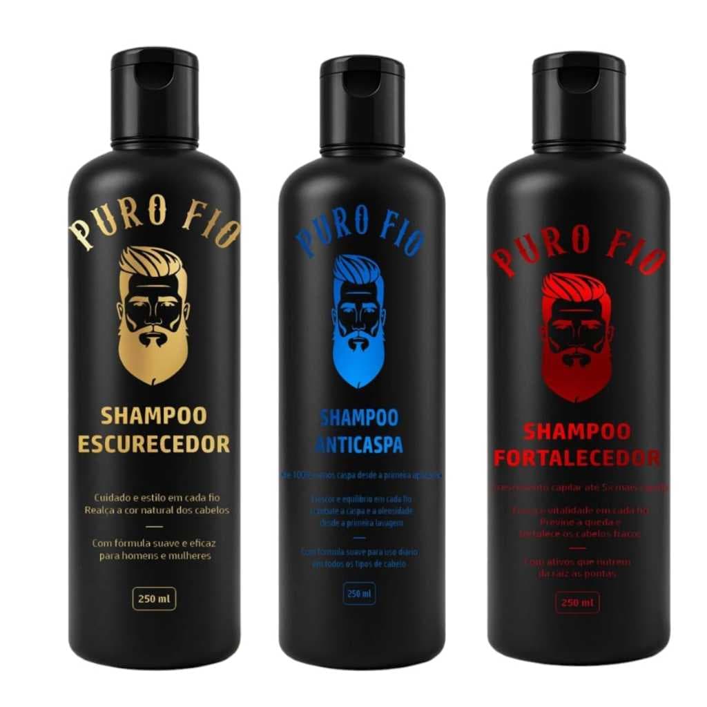 Kit com 1x Shampoo Anticaspa + 1x Shampoo Escurecedor + 1x Shampoo Antiqueda Puro fio 250ml - Pronta Entrega
