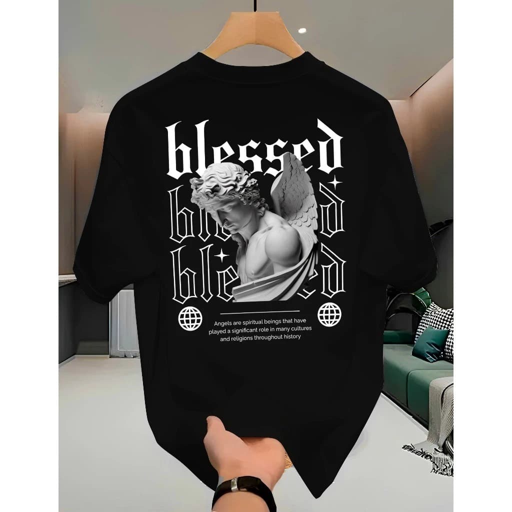 Camiseta Masculina Algodão Premium Adulto Plus Size Infantil Blessed Anjo Abençoado Streetwear Over