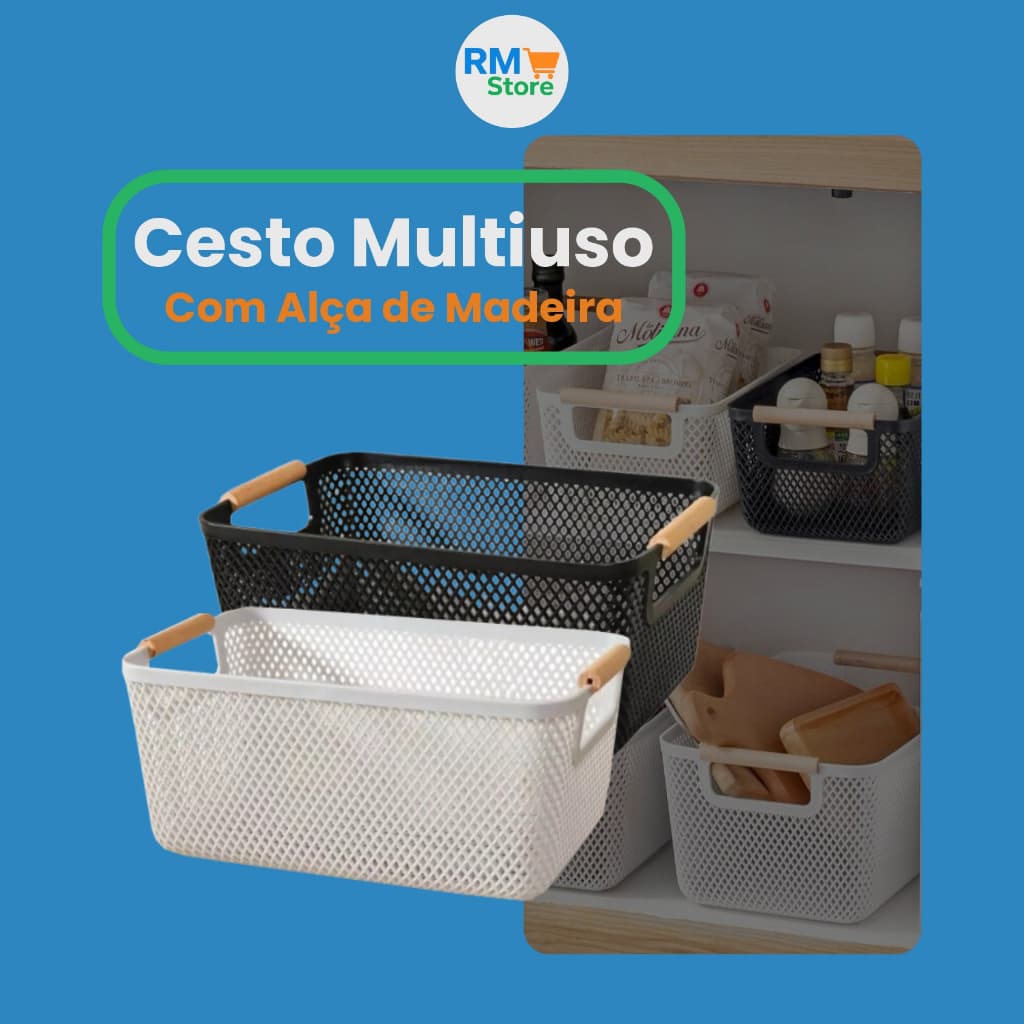 Cesto Organizador Plástico Multiuso com Alça de Madeira – Organização e Estilo para Casa!