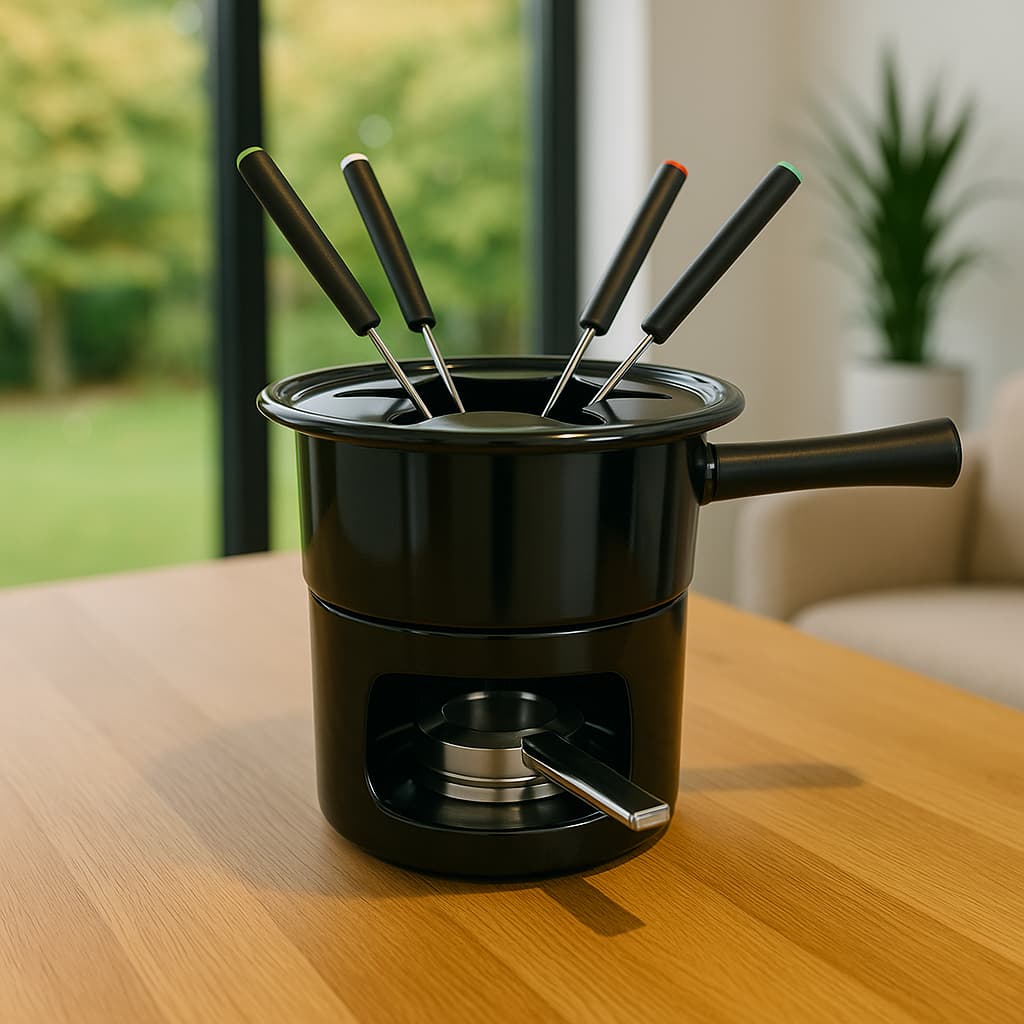 Conjunto Aparelho Fondue 4 Garfos Rechaud Serviço 8 Peças Fogareiro Inox Cozinha Chocolate Mesa Fogo