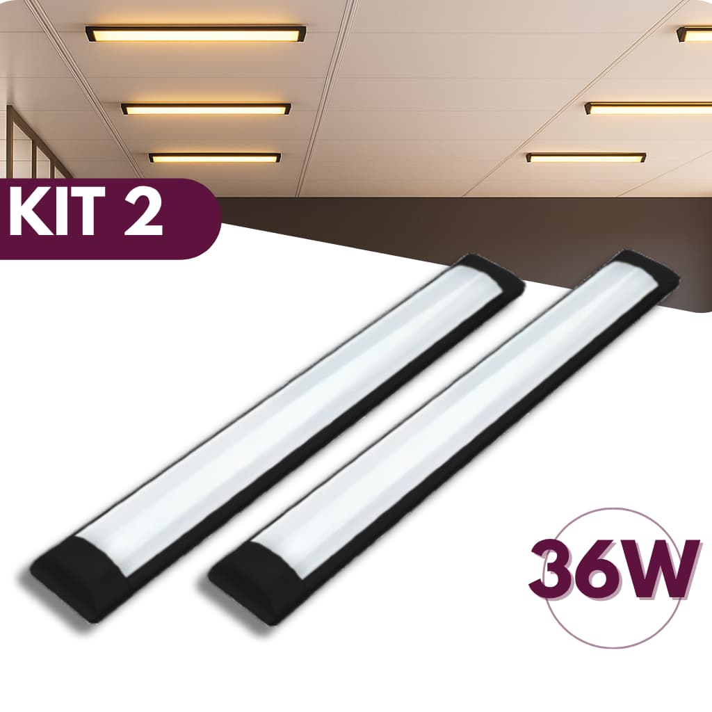 Kit 2 Luminária Tubular Led Slim 36w 120cm Preto 3000k Branco Quente Bivolt 110v/220v