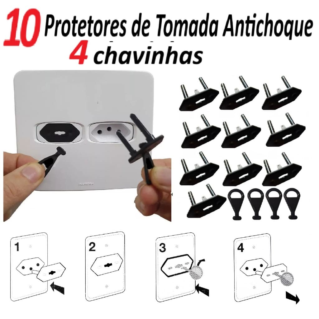 Kit 10 Protetores de Tomada Antichoque Preto com 4 Chaves Segurança Bebê