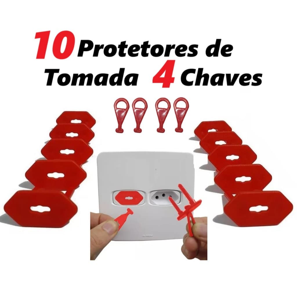 Kit 10 Protetores de Tomada Antichoque Vermelho 4 Chaves Segurança Bebê