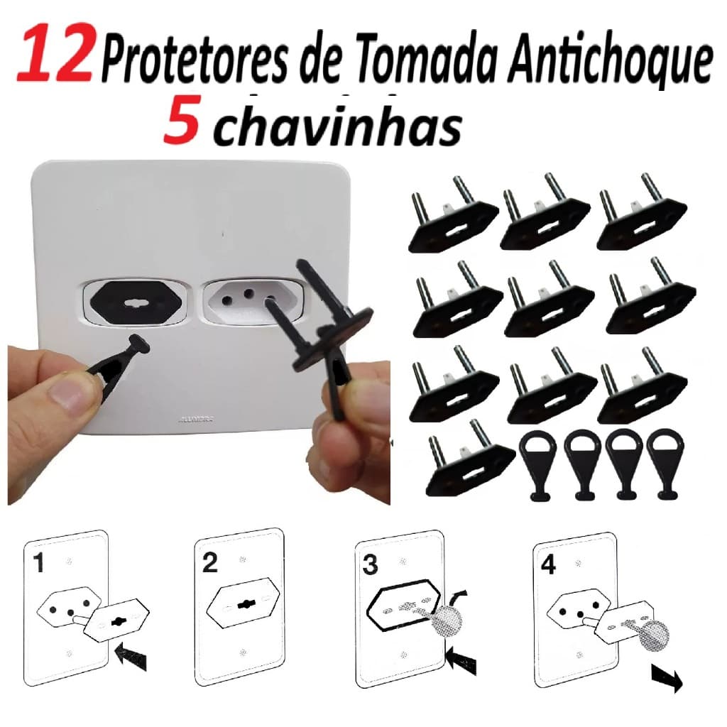 Kit 12 Protetores de Tomada Preto Antichoque 5 Chaves Segurança Bebê