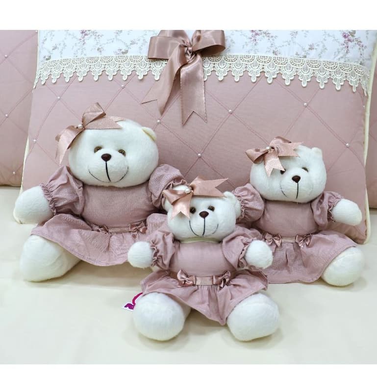 Trio de Ursinhas de Pelúcia Para Nicho Laço Decoração Quarto de Bebê