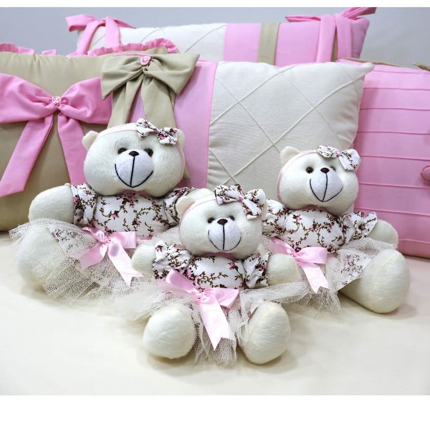 Trio de Ursinhas de Pelúcia Para Nicho Florista Floral Decoração Quarto de Bebê