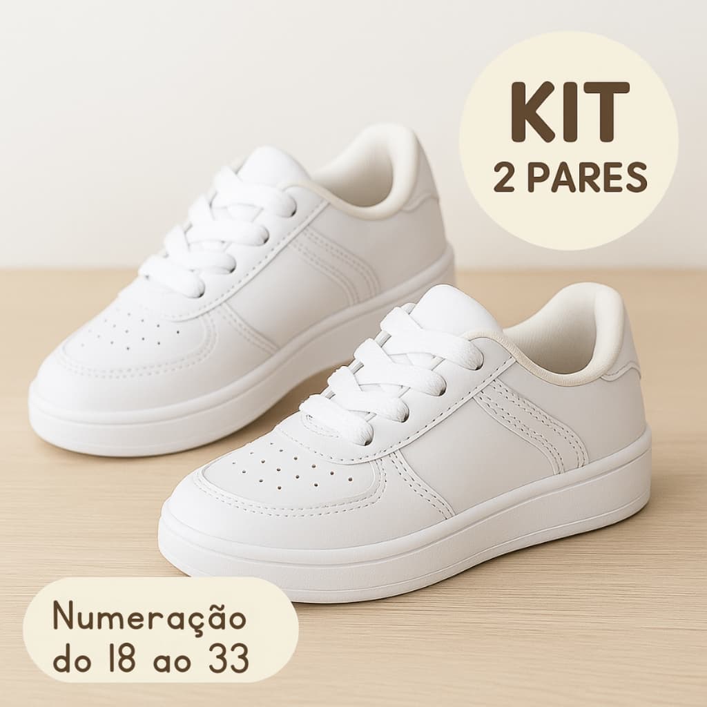 Tênis Branco Infantil Baby e Juvenil Kit 2 Pares, do 18 ao 33, Conforto Garantido