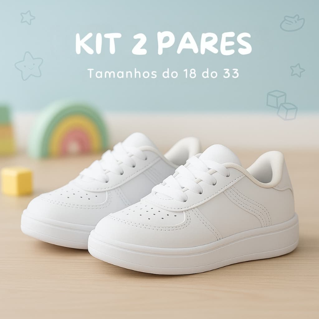 Kit 2 Pares de Tênis Branco Sola Reta Infantil Baby e Juvenil, Casual Confortável Tamanhos 18 ao 33