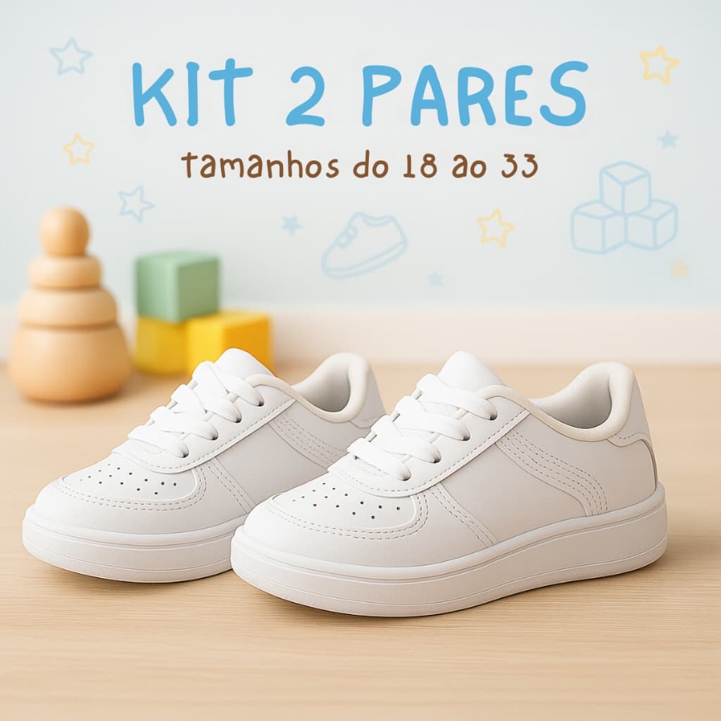Kit Tênis Branco Infantil Cofortável Unissex Sola Antiderrapante  2 Pares Baby e Juvenil do 18 ao 33