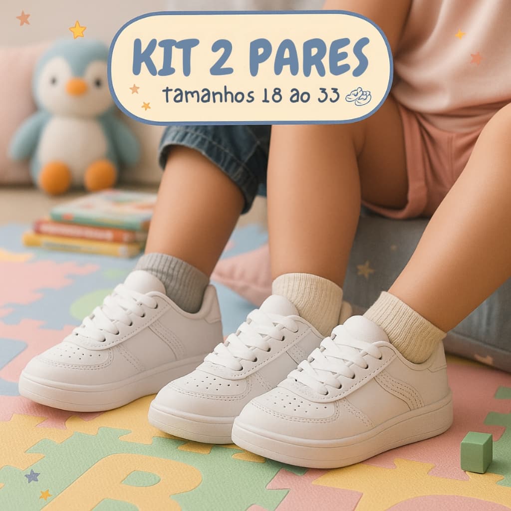 Kit 2 Pares de Tênis Brancos para Baby e Juvenil Casual Sola Confortáveis Anatômico do 18 ao 33