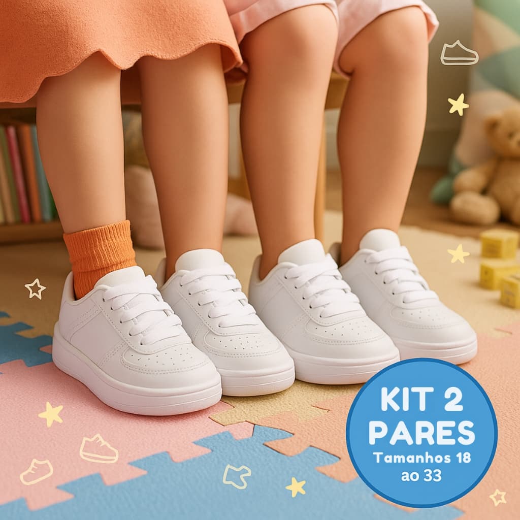 Tênis Branco Infantil Unissex, Kit com 2 Pares Baby e Juvenil, Tamanhos 18 ao 33
