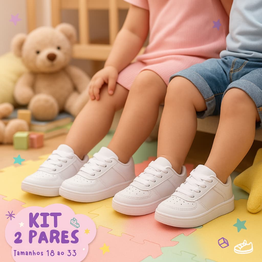 Kit 2 Pares de Tênis Brancos Infantis Baby e Juvenil 18 ao 33 Conforto e Estilo Solado Anatômico