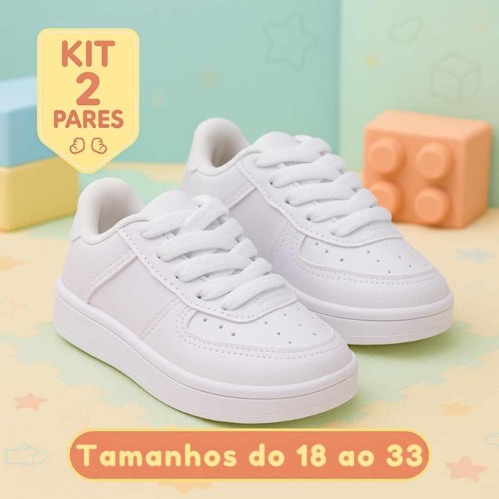 Kit 2 Pares de Tênis Branco Infantil Baby e Juvenil  Casual Confortáveis e Versáteis 18 ao 33