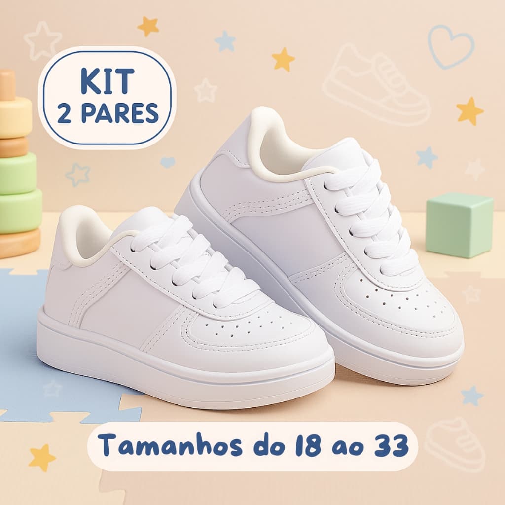 Tênis Infantil Branco Kit com 2 Pares, do 18 ao 33, Para Baby e Juvenil