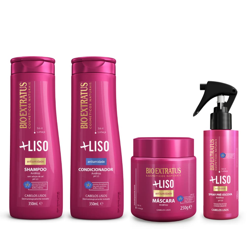 Kit +Liso Shampoo Condicionador 350mL Máscara 250g e Finalizador Spray 100mL Bio Extratus