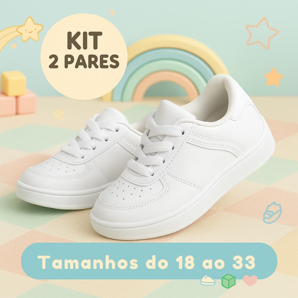 Kit Tênis Branco Infantil Baby e Juvenil Casual Que Combina Sola Reta 2 Pares Confortáveis 18 ao 33